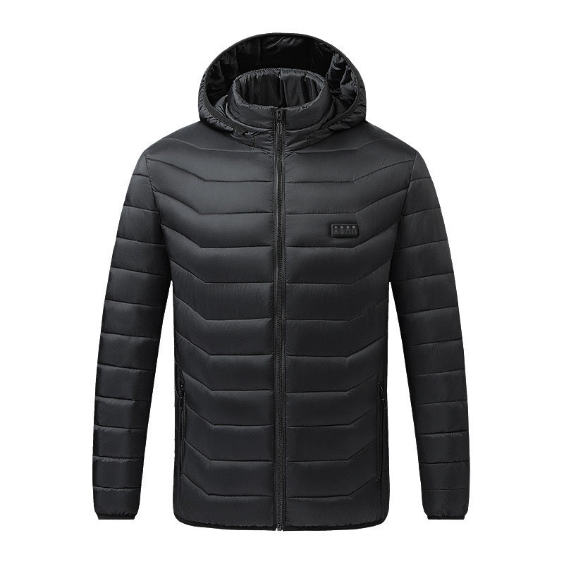 Black USB heated winter jacket with hood – unisex electric coat for outdoor warmth.”
Pinterest caption: “🔥 Stay warm all winter with this USB heated jacket. Perfect for skiing, hiking, or everyday cold weather wear.”
