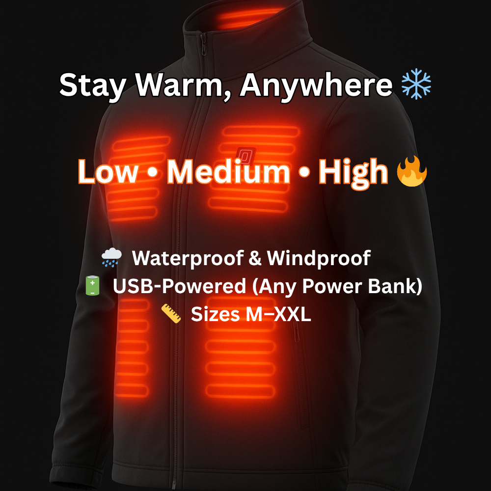 “USB heated jacket features infographic – stay warm anywhere, 3 heat levels, waterproof, USB powered, sizes M–XXL.”
Pinterest caption: “⚡ Quick look: Heated jacket benefits – 3 heat settings, waterproof, windproof, USB-powered, sizes M–XXL.”