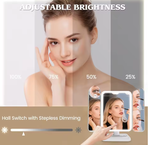 Trifold LED Makeup Mirror with Touch Control & 2X/3X Magnification – Bright, Lightweight & Perfect for Daily Beauty Routines