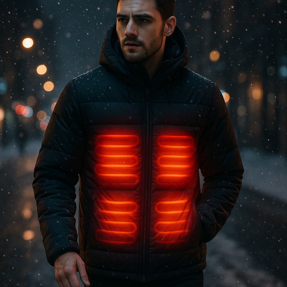 USB heated jacket glowing with warmth in snowy winter night scene.”
Pinterest caption: “❄️ Take on winter nights with confidence. Heated jacket with 3 settings: low, medium, high 🔥.”