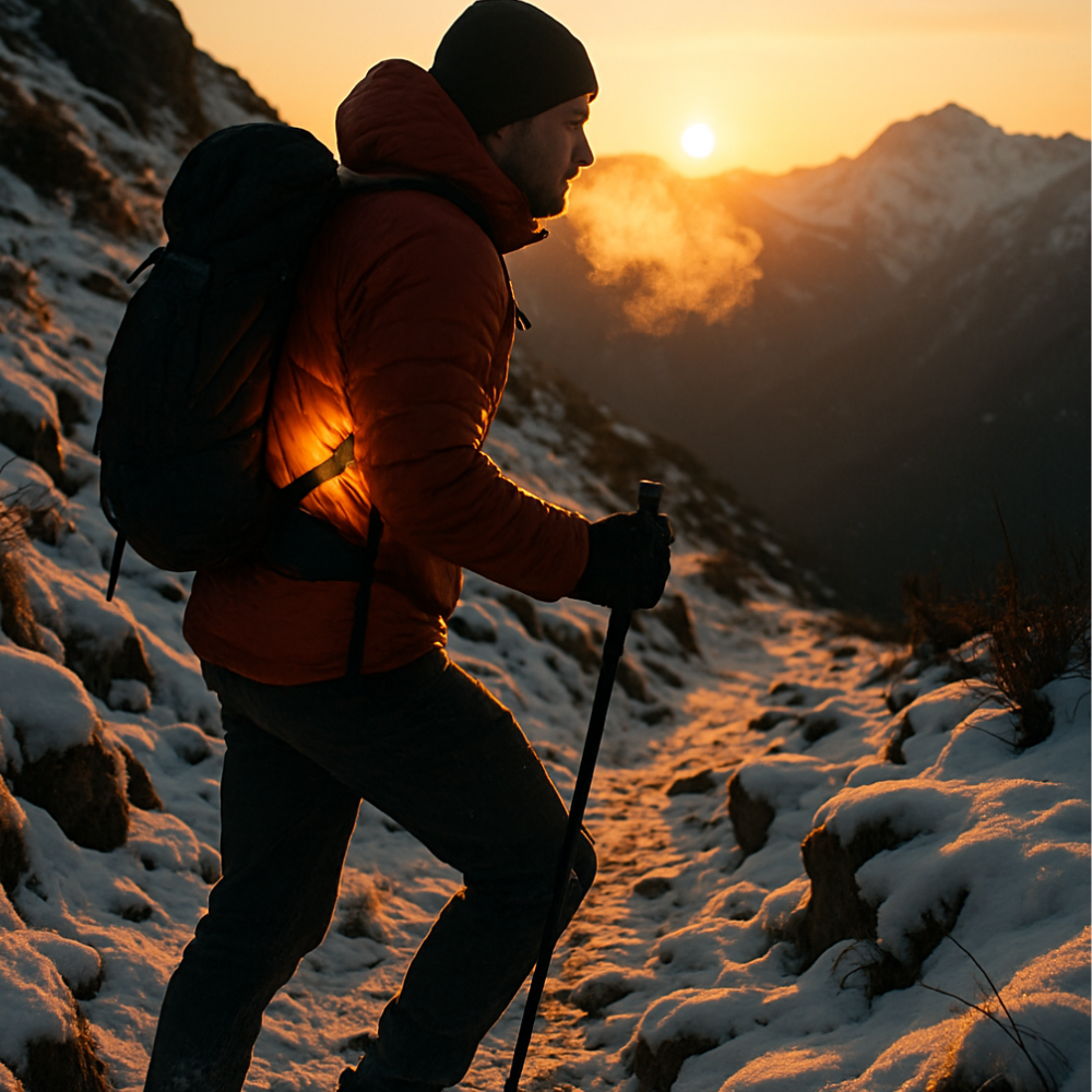 “Man hiking in the mountains at sunset wearing a red USB heated jacket with glowing warmth.”
Pinterest caption: “Adventure ready ⛰️ – this heated jacket keeps you warm even in freezing mountain hikes. Waterproof, windproof & USB powered.”