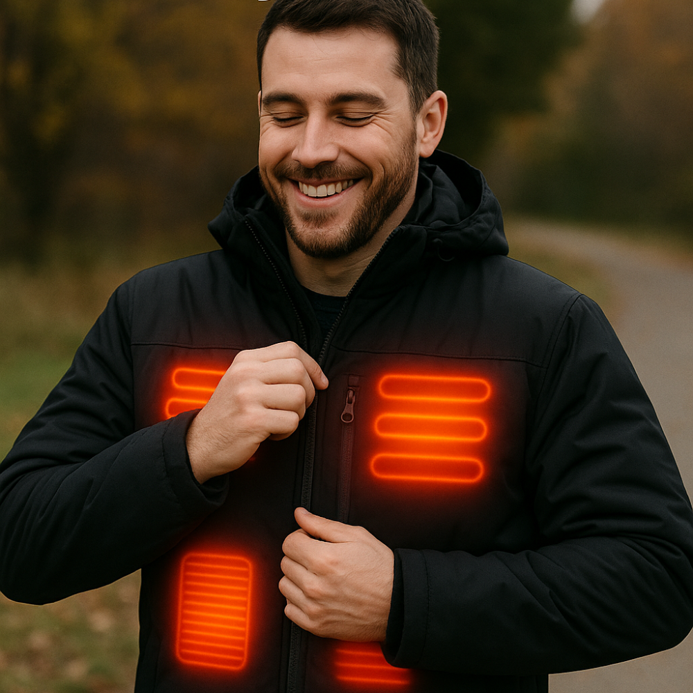 “Man smiling outdoors while adjusting his black USB heated jacket.”
Pinterest caption: “Comfort + style ✨ – this USB heated jacket blends warmth with everyday wear. Great for men & women.”