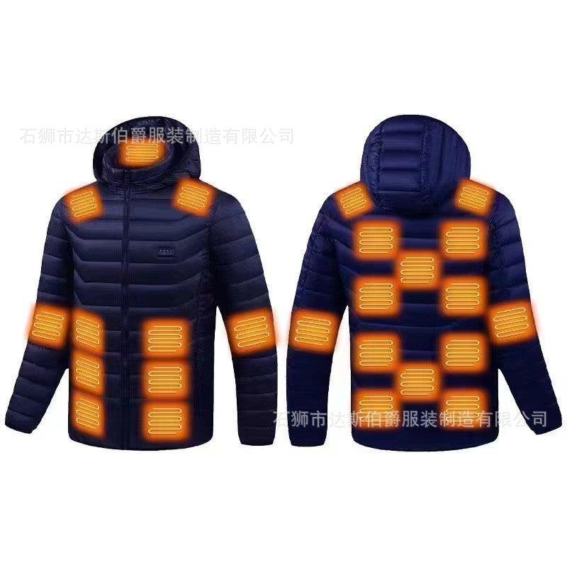 Heated jacket diagram showing glowing heat zones across chest, back, and arms.”
Pinterest caption: “See the heat 🔥 – jacket with full coverage heating zones for maximum warmth in any weather.”