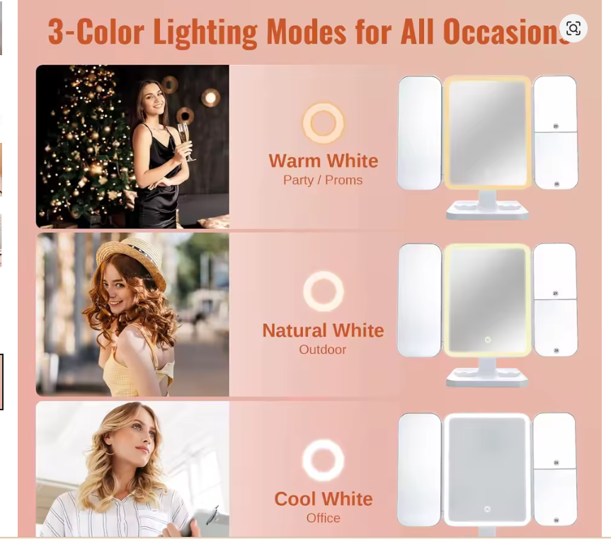 Trifold LED Makeup Mirror with Touch Control & 2X/3X Magnification – Bright, Lightweight & Perfect for Daily Beauty Routines